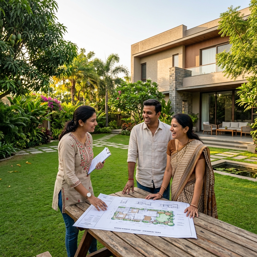 Miniflora landscape designer with happy clients in Gujarat garden